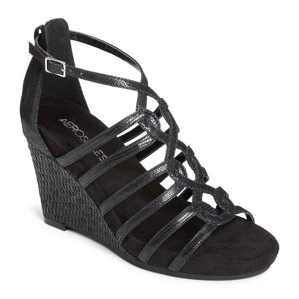 Aerosoles Great Plush Sandal Black Snake Wedge